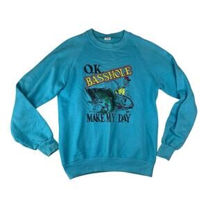 Vintage mens medium fishing bass pull over sweatshirt outdoor blue funny cartoon